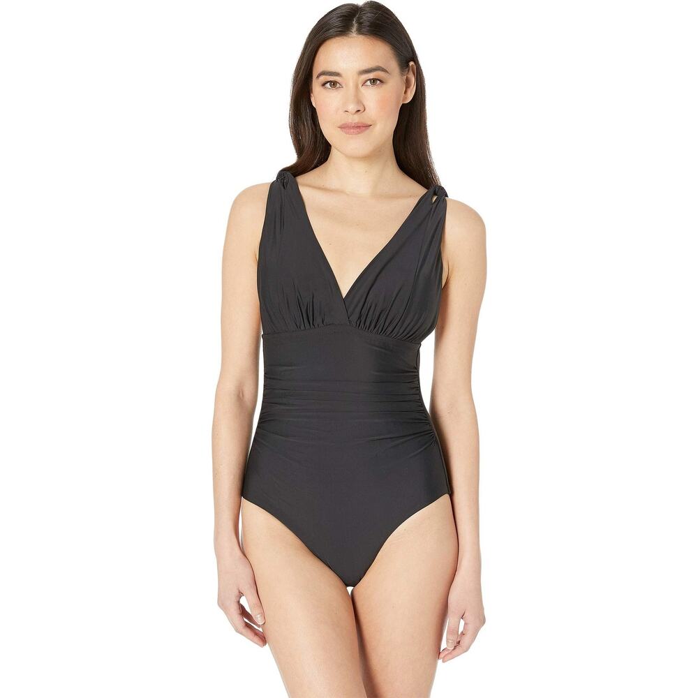 Athena Women Solid Over the Shoulder Surplice One-Piece Swimsuit Black Size 8